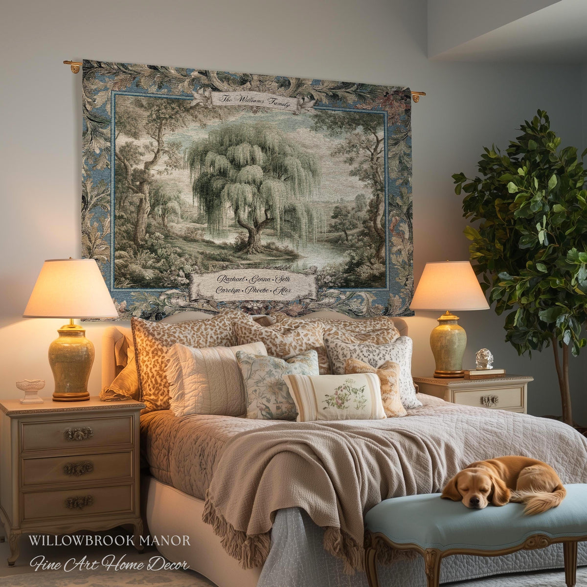 Pastoral Weeping Willow Custom Family Tree Woven Wall Art | Romantic Verdure Tapestry Personalized Names Timeless Nostalgia Heirloom Gift