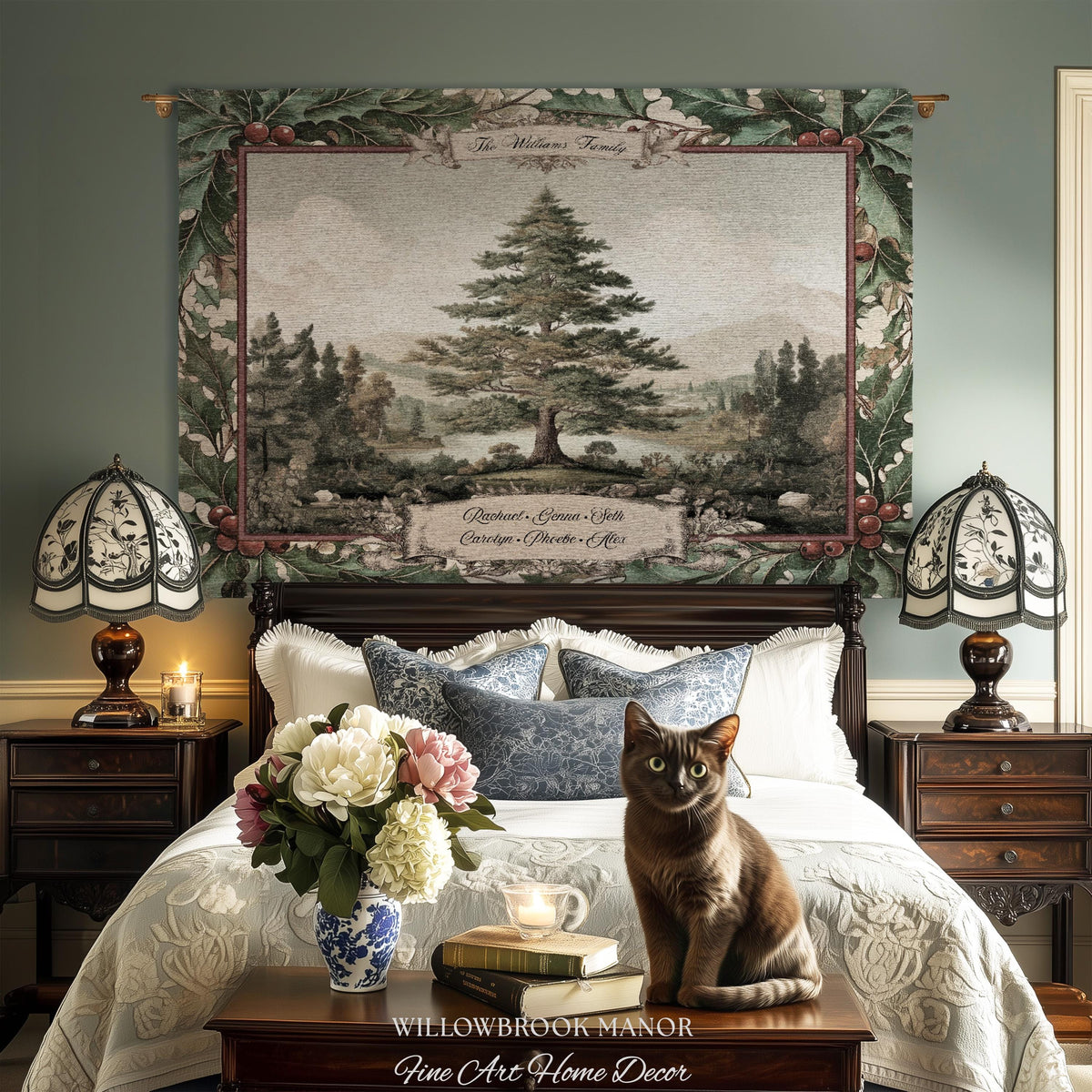 Classical Pine Tree Family Tapestry Personalized Names | Scenic Pastoral Woven Throw Blanket Holiday Heritage Custom Keepsake Wall Hanging
