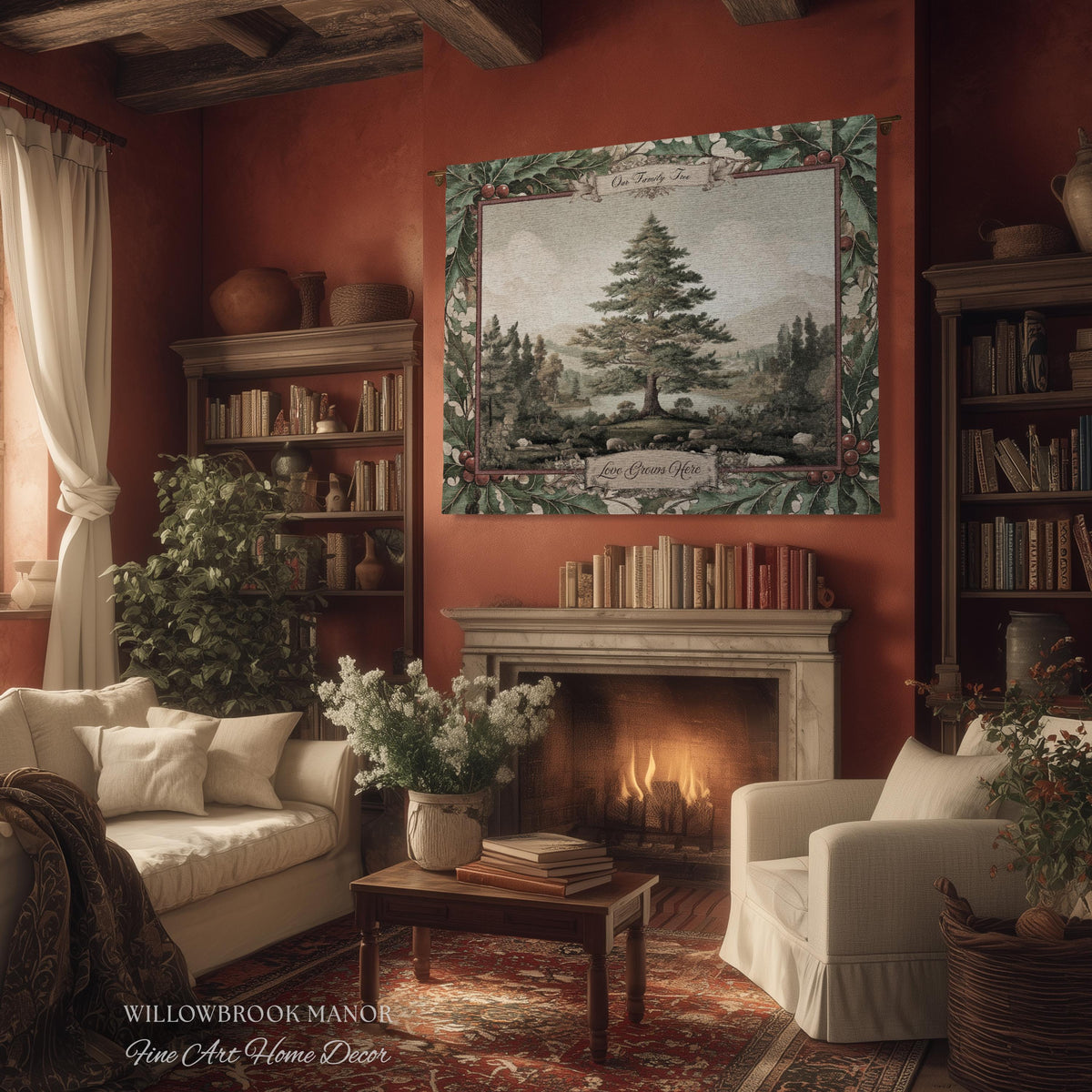 Classical Pine Tree Family Tapestry Personalized Names | Scenic Pastoral Woven Throw Blanket Holiday Heritage Custom Keepsake Wall Hanging
