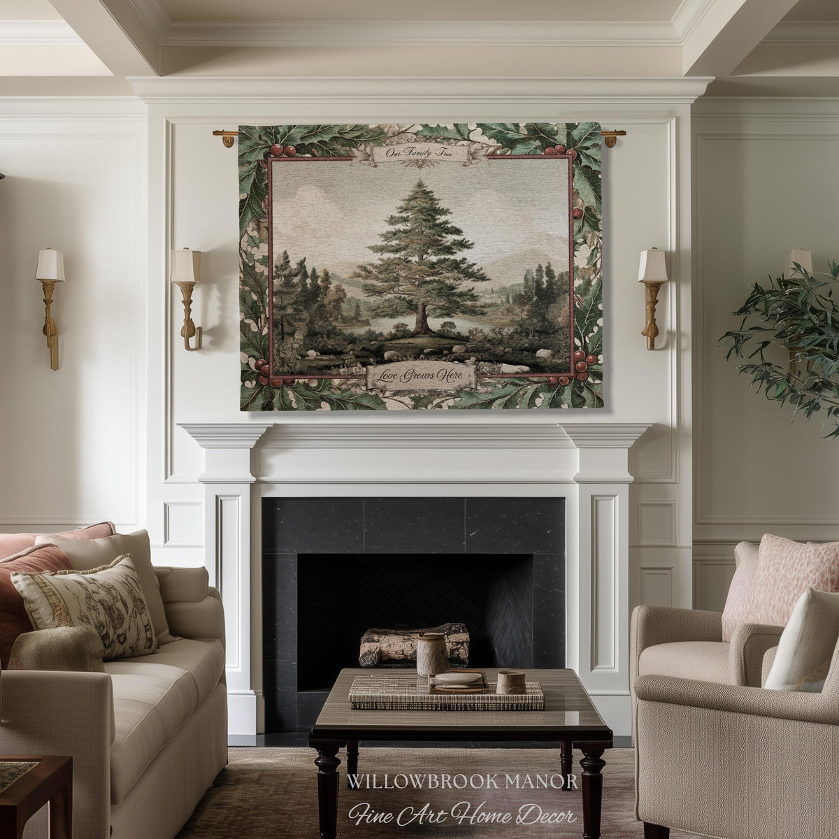 Classical Pine Tree Family Tapestry Personalized Names | Scenic Pastoral Woven Throw Blanket Holiday Heritage Custom Keepsake Wall Hanging