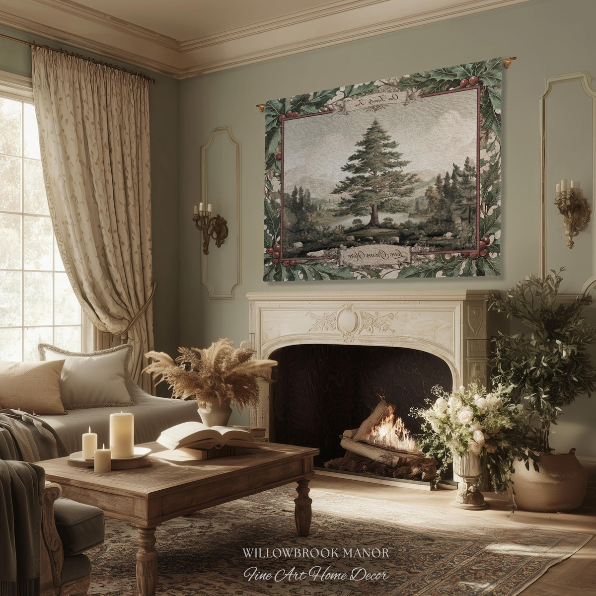 Classical Pine Tree Family Tapestry Personalized Names | Scenic Pastoral Woven Throw Blanket Holiday Heritage Custom Keepsake Wall Hanging