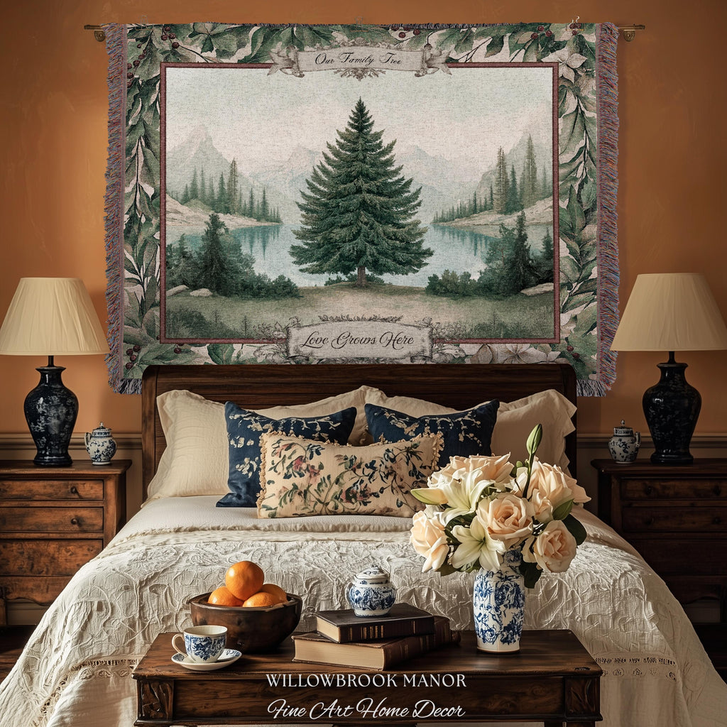 Winter Wonderland Spruce Family Tree Tapestry Personalized Name | Nostalgic Holiday Woven Throw Blanket Custom Festive Keepsake Wall Hanging