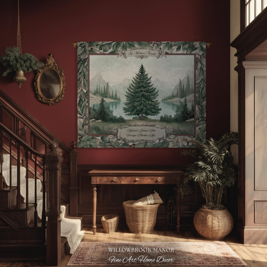 Winter Wonderland Spruce Family Tree Tapestry Personalized Name | Nostalgic Holiday Woven Throw Blanket Custom Festive Keepsake Wall Hanging