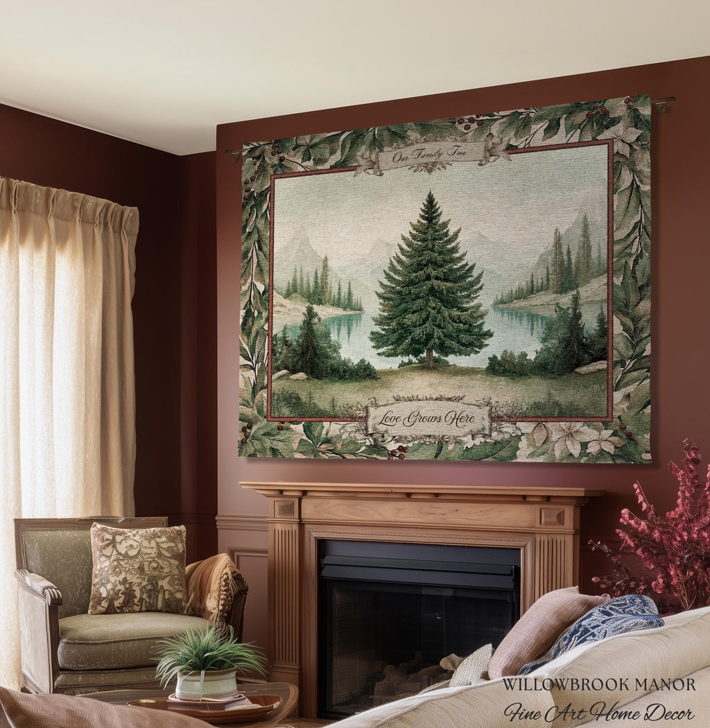 Winter Wonderland Spruce Family Tree Tapestry Personalized Name | Nostalgic Holiday Woven Throw Blanket Custom Festive Keepsake Wall Hanging