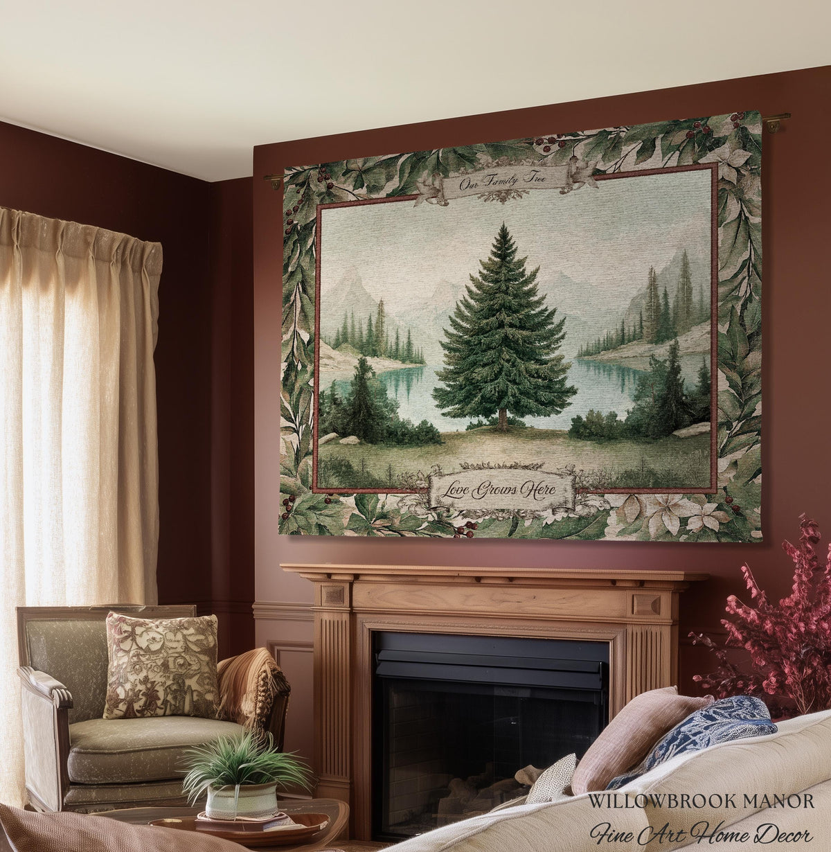 Winter Wonderland Spruce Family Tree Tapestry Personalized Name | Nostalgic Holiday Woven Throw Blanket Custom Festive Keepsake Wall Hanging