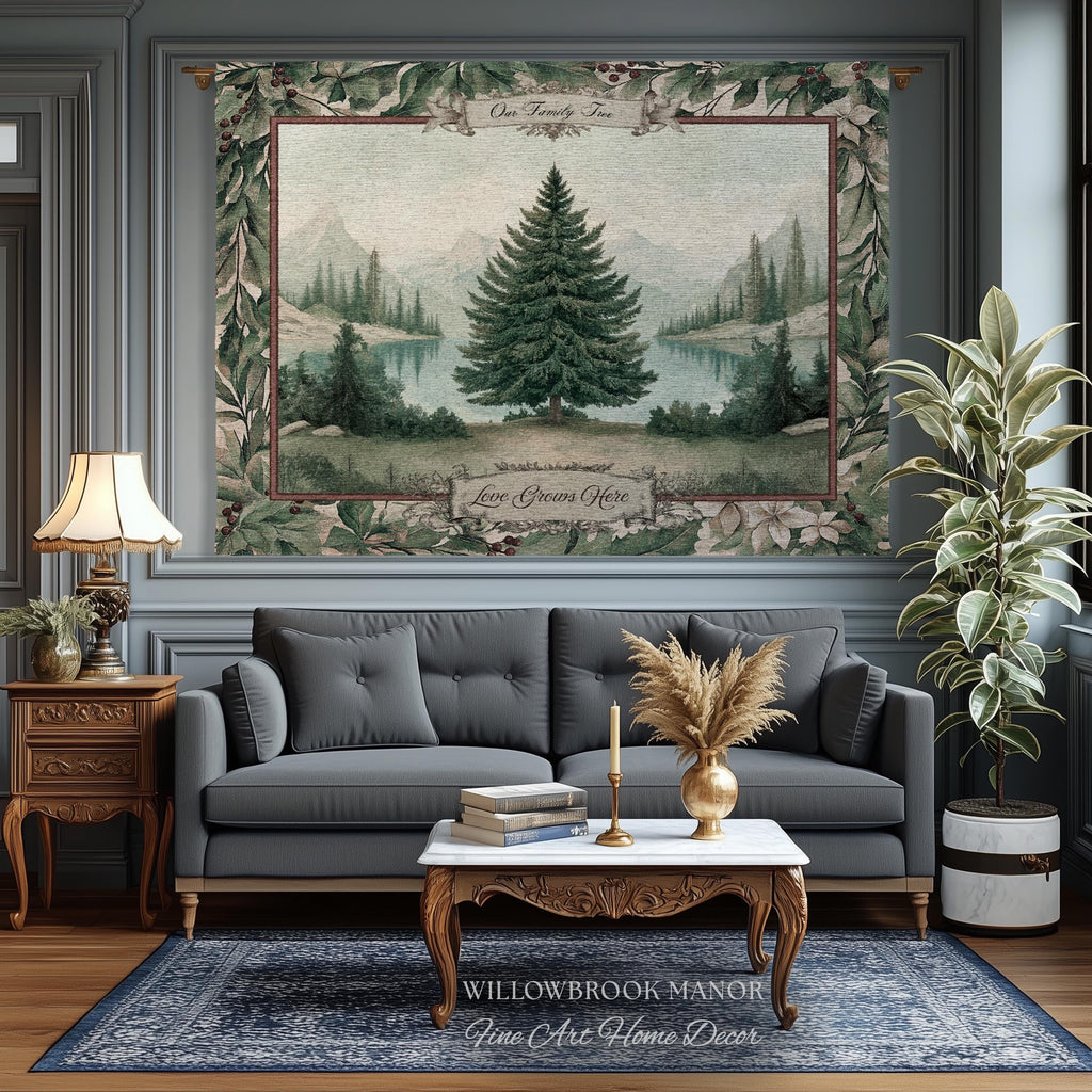Winter Wonderland Spruce Family Tree Tapestry Personalized Name | Nostalgic Holiday Woven Throw Blanket Custom Festive Keepsake Wall Hanging