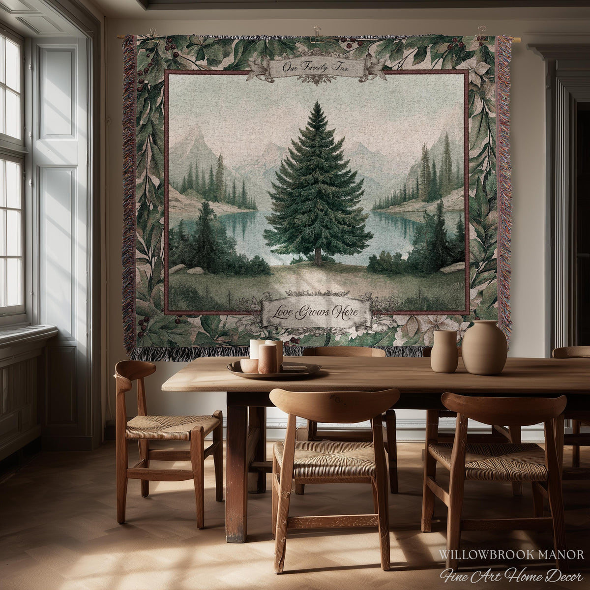Winter Wonderland Spruce Family Tree Tapestry Personalized Name | Nostalgic Holiday Woven Throw Blanket Custom Festive Keepsake Wall Hanging