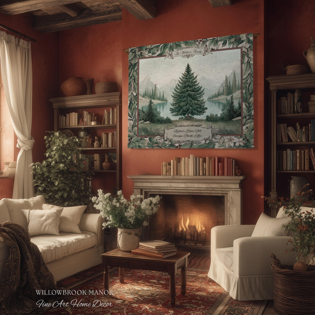 Winter Wonderland Spruce Family Tree Tapestry Personalized Name | Nostalgic Holiday Woven Throw Blanket Custom Festive Keepsake Wall Hanging