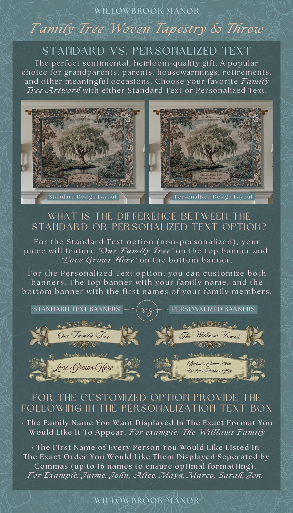 Sentimental Gift Personalized Willow Tree Family Tapestry Custom Names Woven Throw | Keepsake Blanket Ancestral Cottagecore Heritage Decor