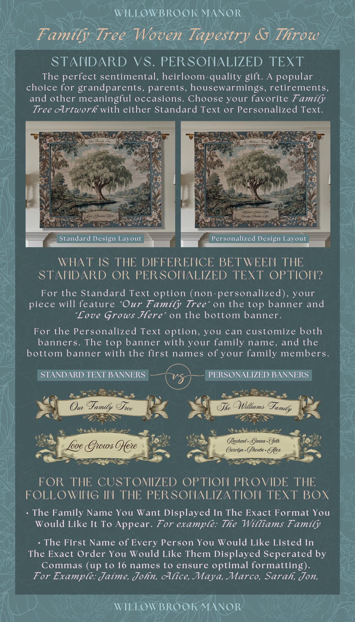 Sentimental Gift Personalized Willow Tree Family Tapestry Custom Names Woven Throw | Keepsake Blanket Ancestral Cottagecore Heritage Decor