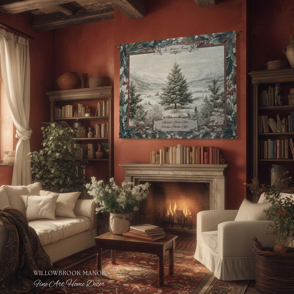 Christmas Traditions Custom Woven Wall Art | Personalized Heritage Tapestry Nostalgic Evergreen Landscape Family Heirloom Sentimental Decor