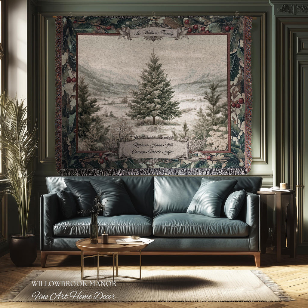 Christmas Traditions Custom Woven Wall Art | Personalized Heritage Tapestry Nostalgic Evergreen Landscape Family Heirloom Sentimental Decor