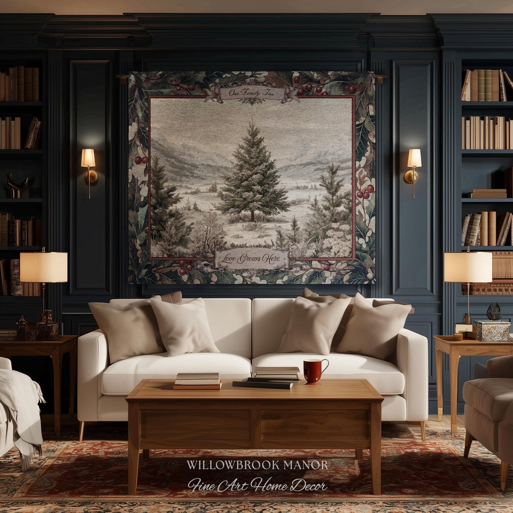 Christmas Traditions Custom Woven Wall Art | Personalized Heritage Tapestry Nostalgic Evergreen Landscape Family Heirloom Sentimental Decor
