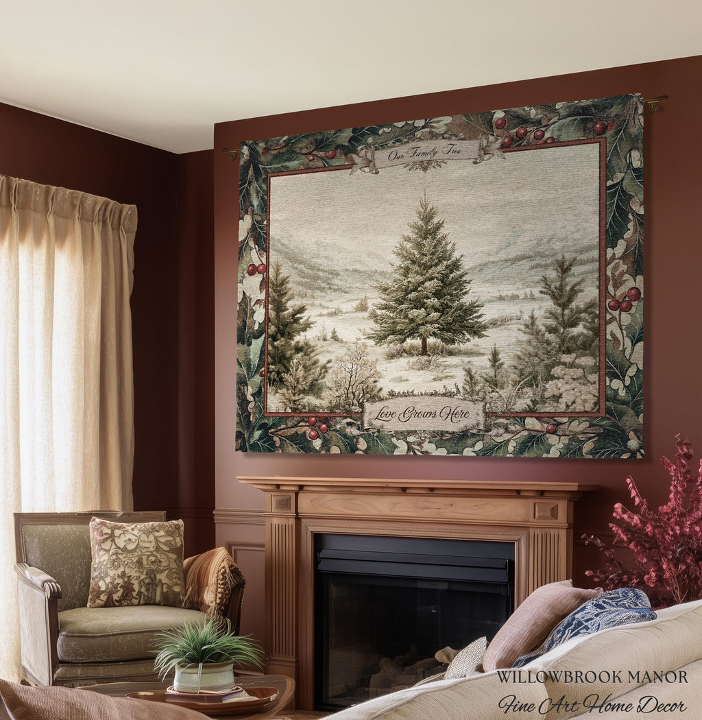Christmas Traditions Custom Woven Wall Art | Personalized Heritage Tapestry Nostalgic Evergreen Landscape Family Heirloom Sentimental Decor