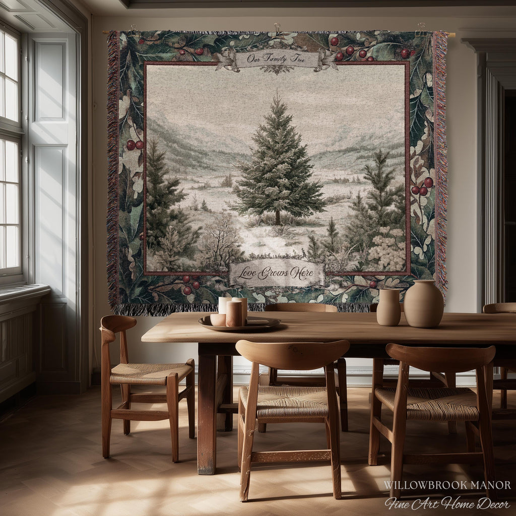 Christmas Traditions Custom Woven Wall Art | Personalized Heritage Tapestry Nostalgic Evergreen Landscape Family Heirloom Sentimental Decor
