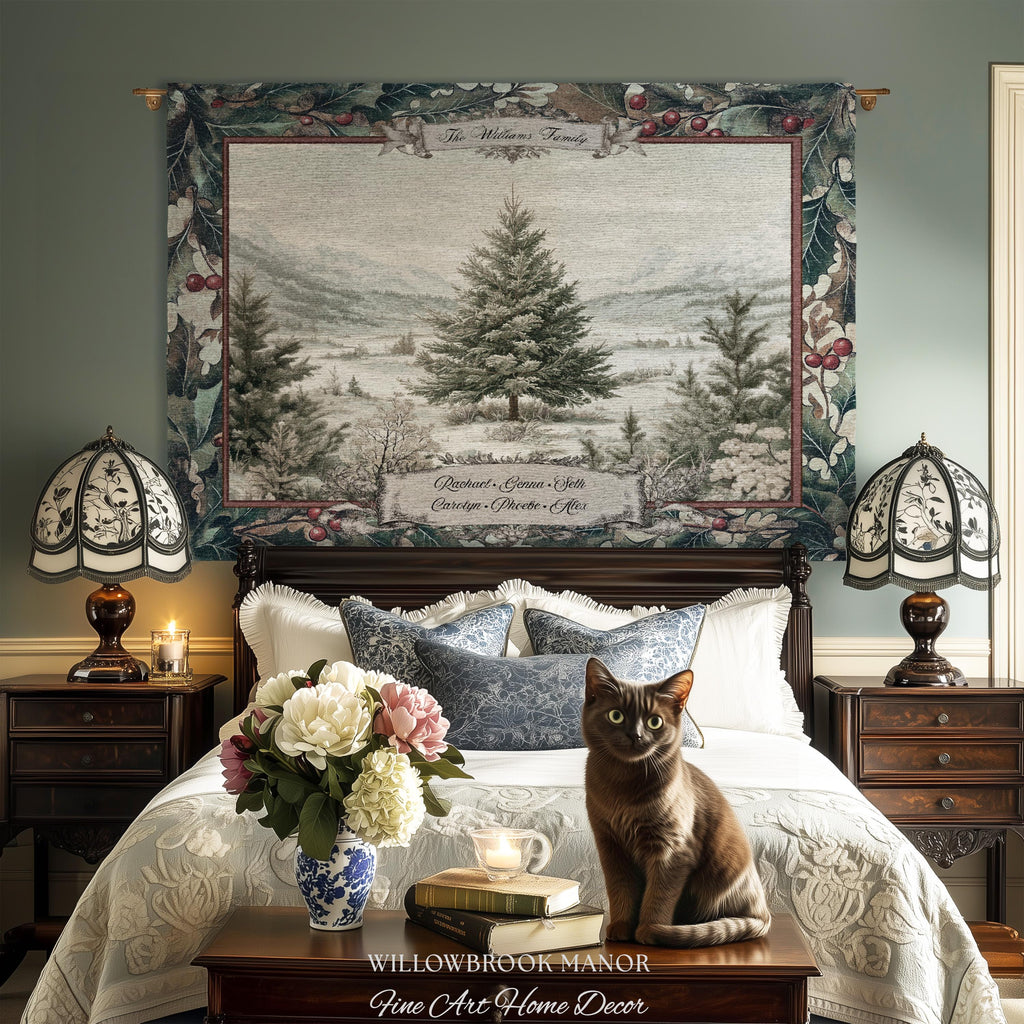 Christmas Traditions Custom Woven Wall Art | Personalized Heritage Tapestry Nostalgic Evergreen Landscape Family Heirloom Sentimental Decor