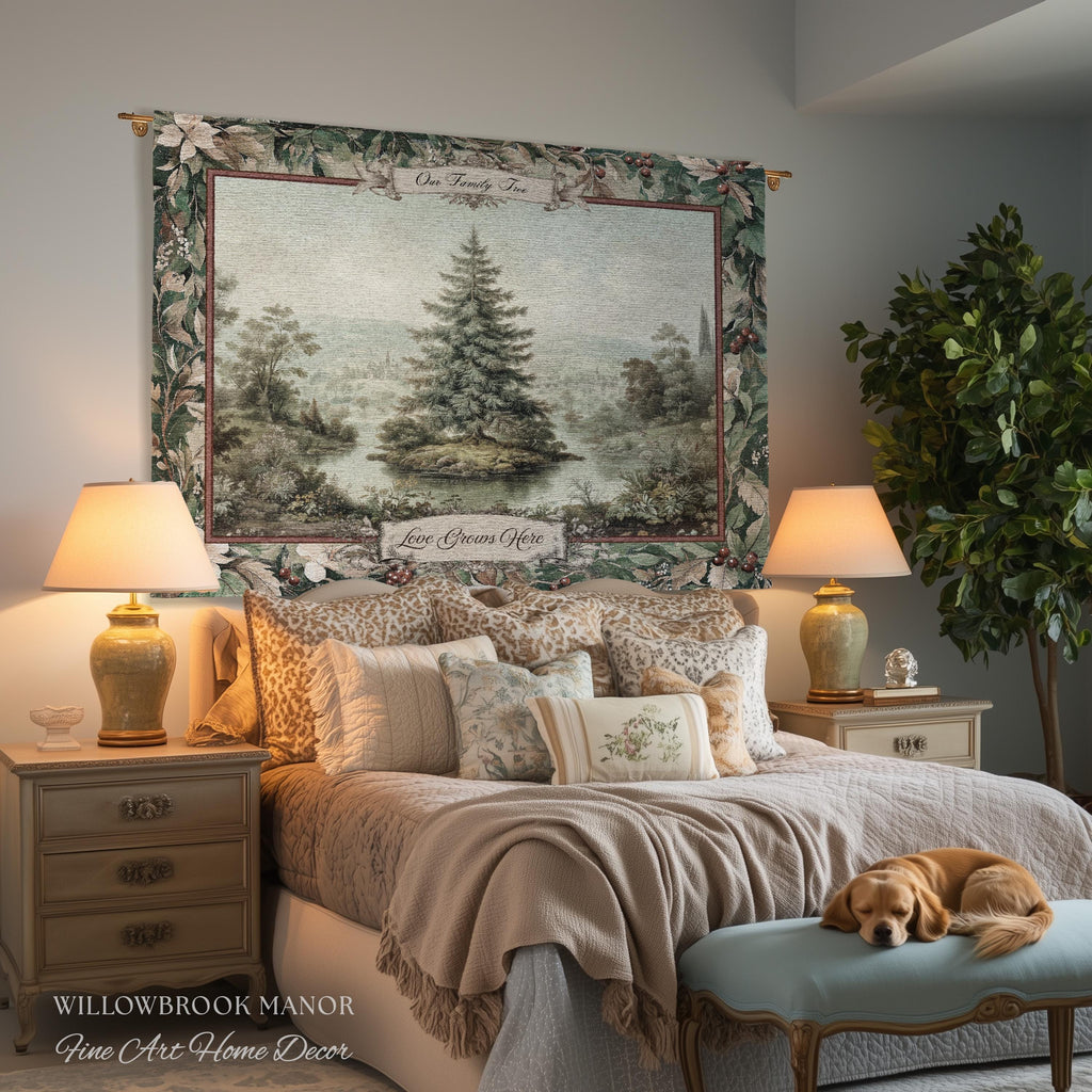 Yuletide Family Names Woven Wall Hanging | Custom Pine Tree Botanical Border Generational Keepsake Grandparents Christmas Gift Personalized