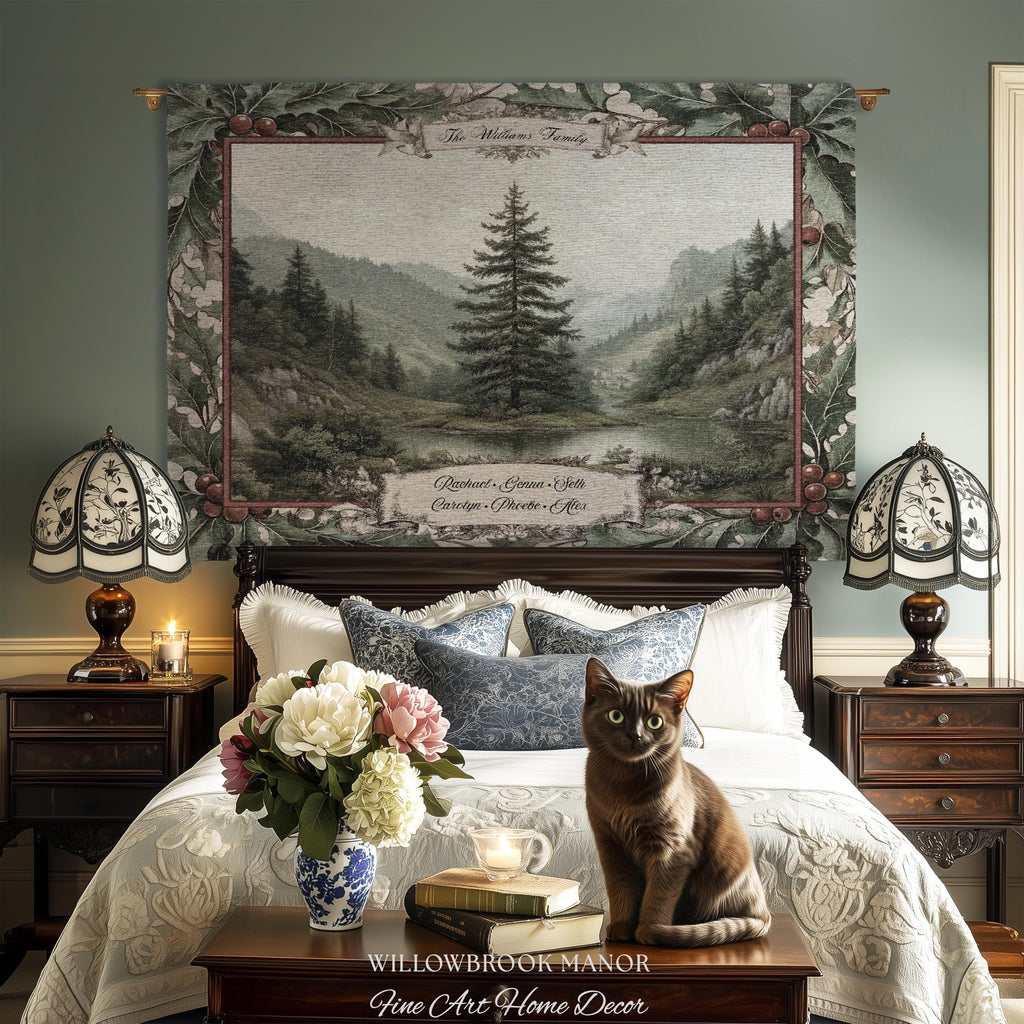Meaningful Family Gift Misty Woodland Tree Custom Tapestry Art | Personalized Names Woven Throw Blanket Heartfelt Keepsake Rustic Wall Decor