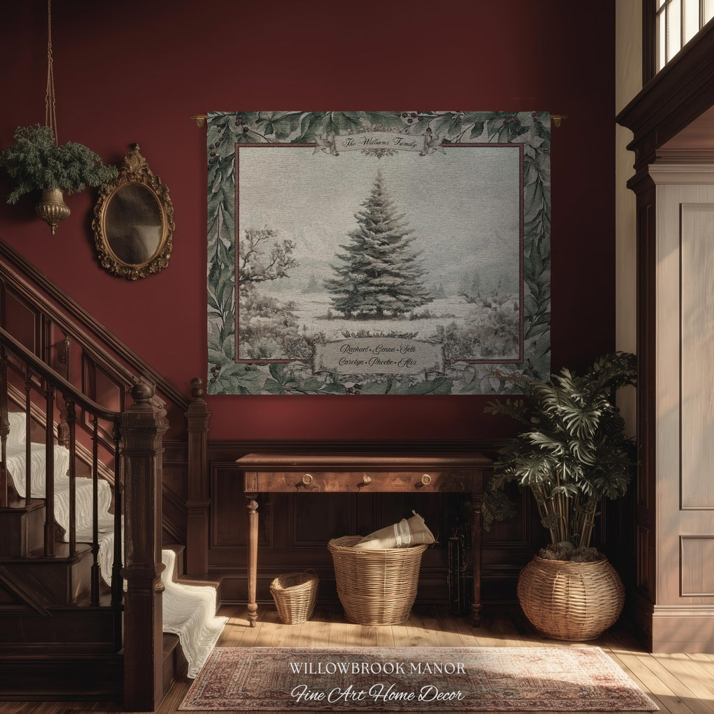 Snowy Scene Winter Holiday Family Tree Wall Hanging | Custom Name Woven Tapestry Grandparent Christmas Gift Personalized Heritage Art Decor