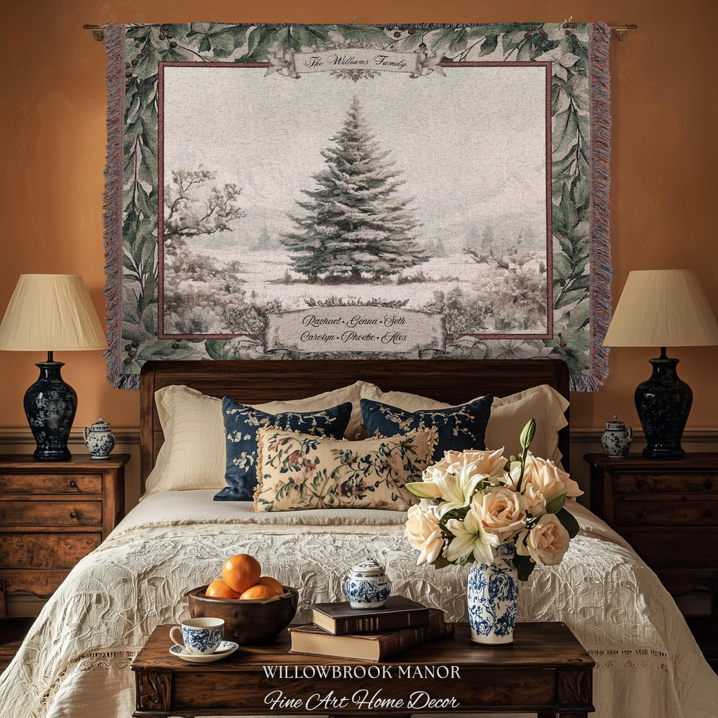 Snowy Scene Winter Holiday Family Tree Wall Hanging | Custom Name Woven Tapestry Grandparent Christmas Gift Personalized Heritage Art Decor