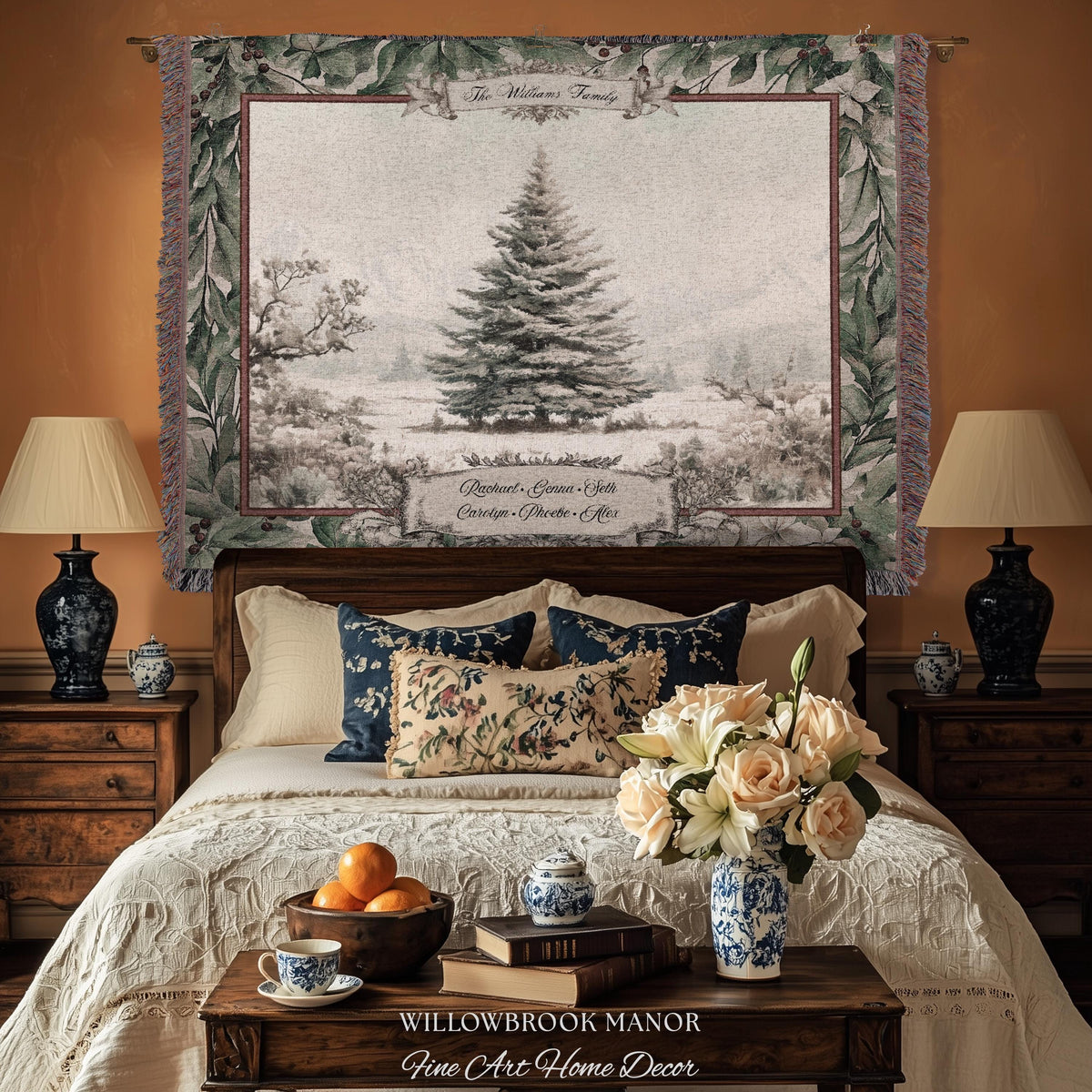 Snowy Scene Winter Holiday Family Tree Wall Hanging | Custom Name Woven Tapestry Grandparent Christmas Gift Personalized Heritage Art Decor