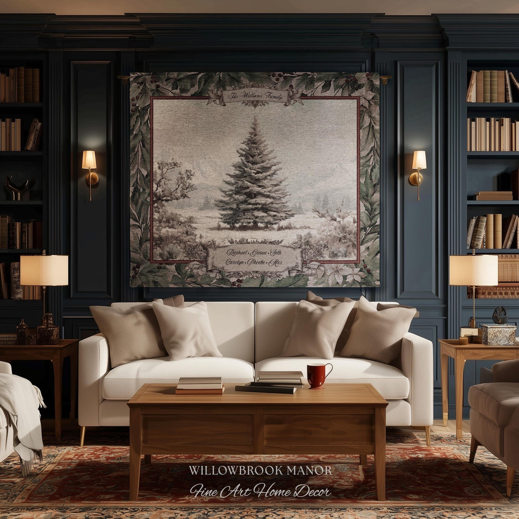 Snowy Scene Winter Holiday Family Tree Wall Hanging | Custom Name Woven Tapestry Grandparent Christmas Gift Personalized Heritage Art Decor