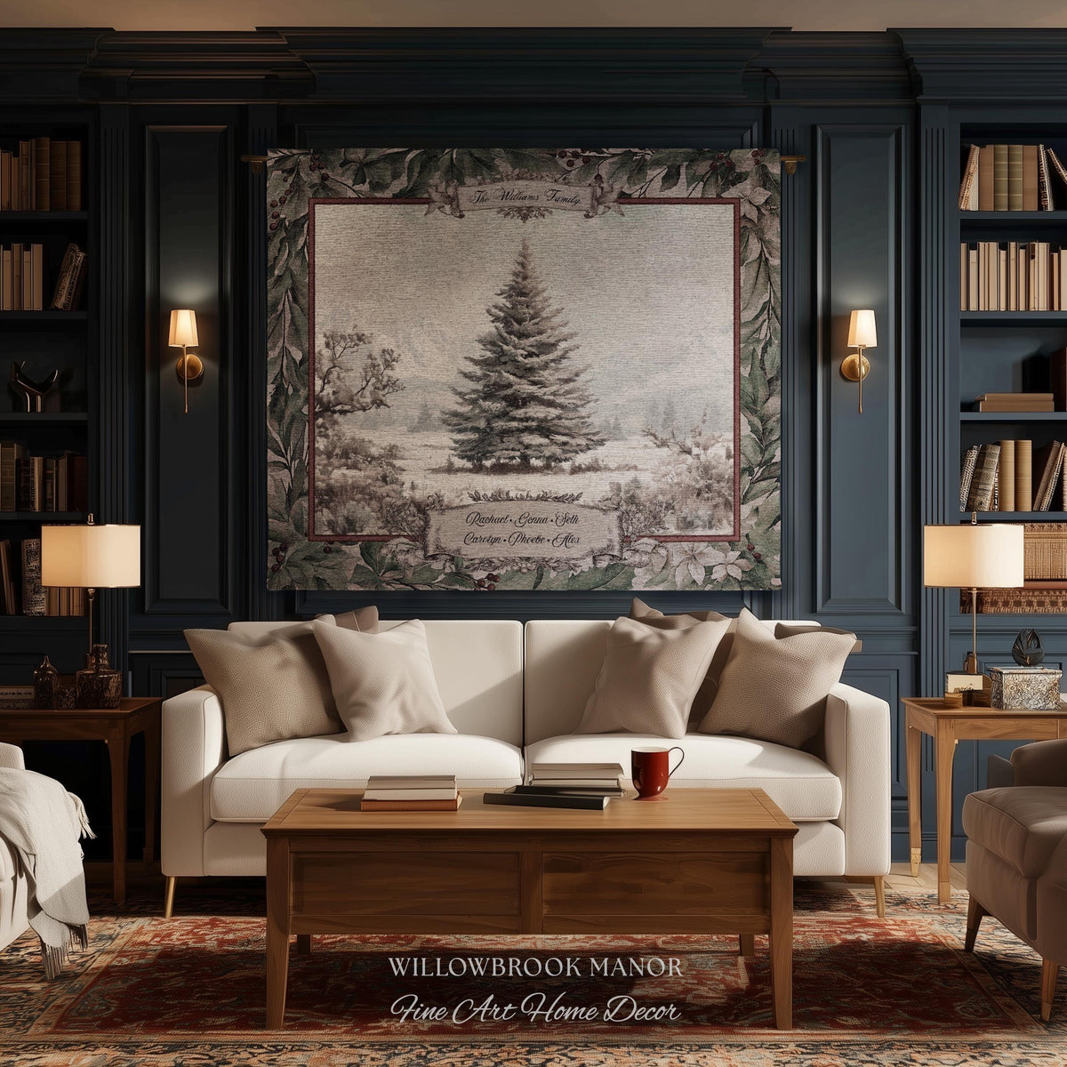 Snowy Scene Winter Holiday Family Tree Wall Hanging | Custom Name Woven Tapestry Grandparent Christmas Gift Personalized Heritage Art Decor