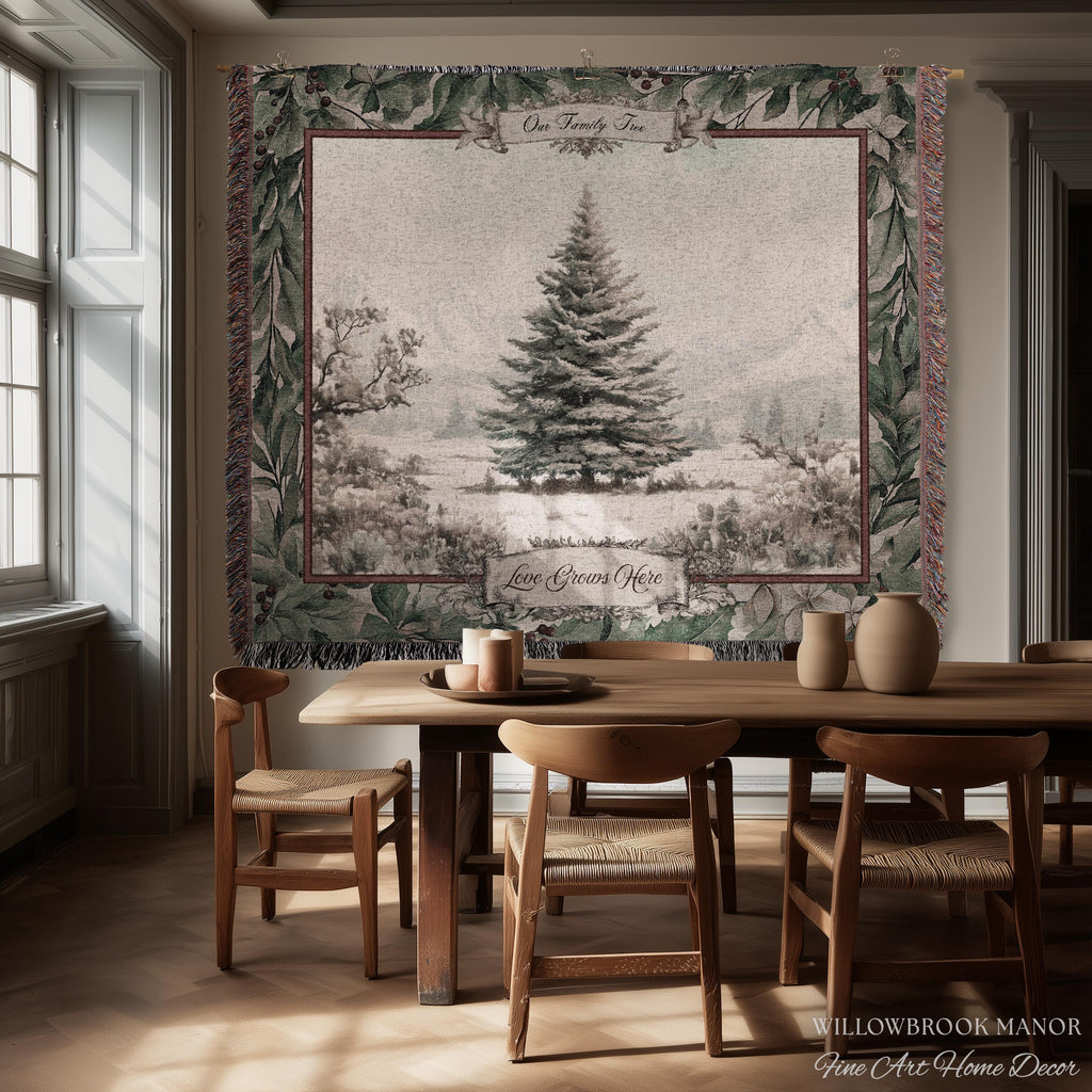 Snowy Scene Winter Holiday Family Tree Wall Hanging | Custom Name Woven Tapestry Grandparent Christmas Gift Personalized Heritage Art Decor