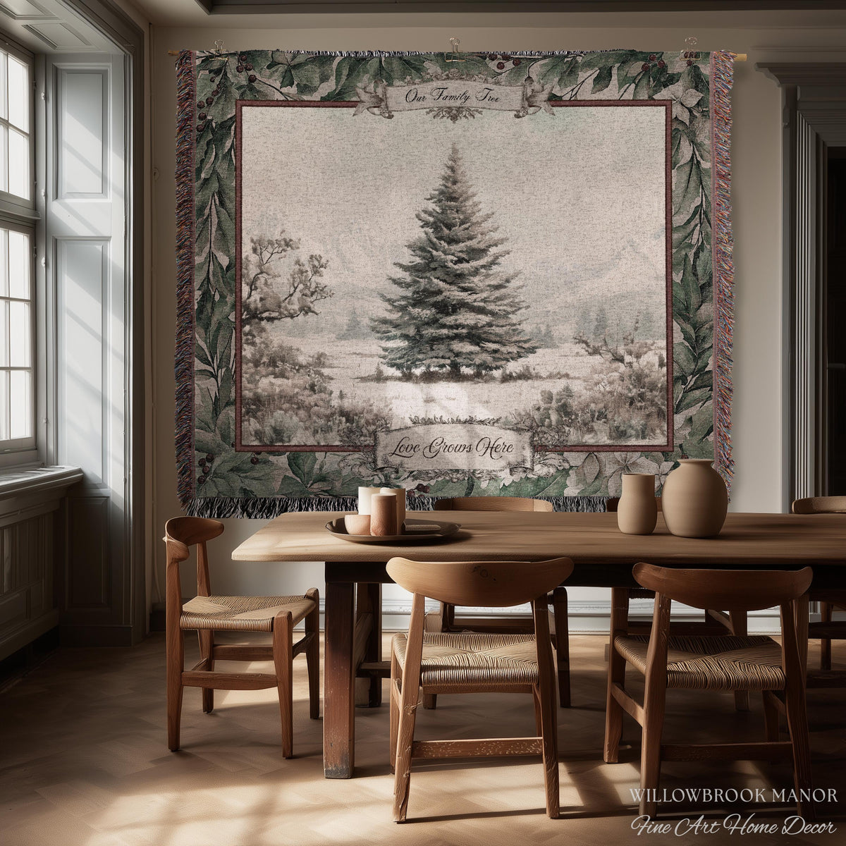Snowy Scene Winter Holiday Family Tree Wall Hanging | Custom Name Woven Tapestry Grandparent Christmas Gift Personalized Heritage Art Decor