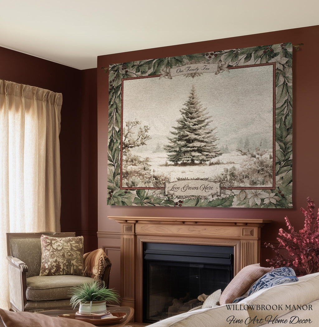 Snowy Scene Winter Holiday Family Tree Wall Hanging | Custom Name Woven Tapestry Grandparent Christmas Gift Personalized Heritage Art Decor