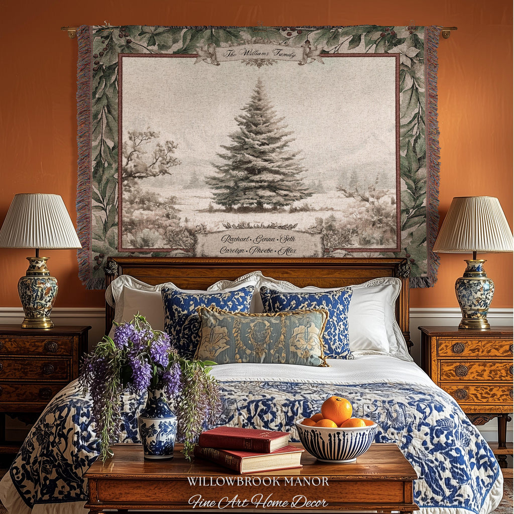 Snowy Scene Winter Holiday Family Tree Wall Hanging | Custom Name Woven Tapestry Grandparent Christmas Gift Personalized Heritage Art Decor