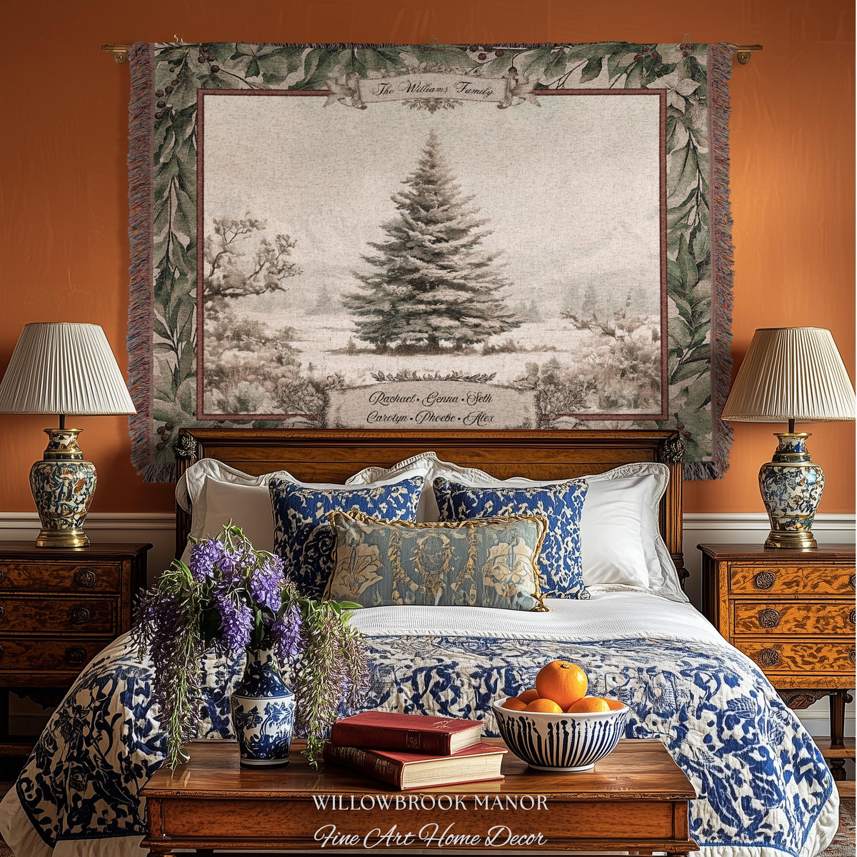 Snowy Scene Winter Holiday Family Tree Wall Hanging | Custom Name Woven Tapestry Grandparent Christmas Gift Personalized Heritage Art Decor
