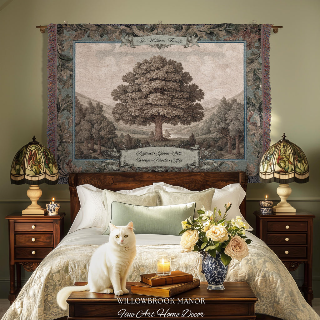 Sentimental Botanical Family Tree Heirloom Tapestry | Personalized Name Woven Wall Art Custom Nostalgic Gift Heritage Keepsake Vintage Decor