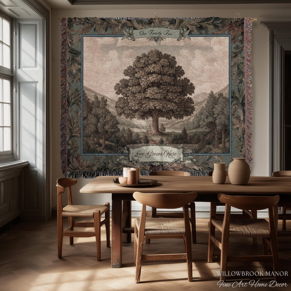 Sentimental Botanical Family Tree Heirloom Tapestry | Personalized Name Woven Wall Art Custom Nostalgic Gift Heritage Keepsake Vintage Decor