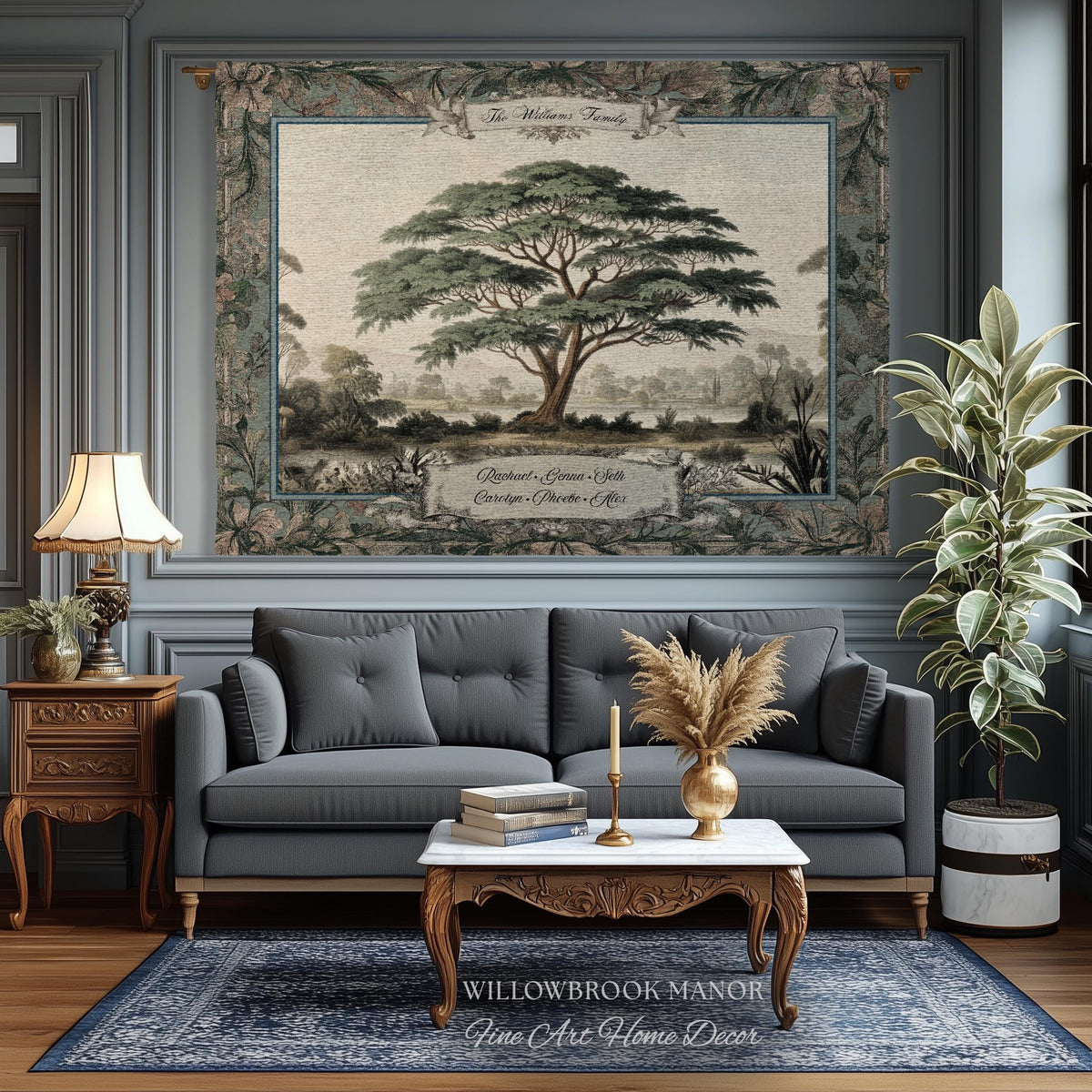 Elegant Acacia Tree Family Tapestry Personalized Name Woven Wall Hanging | Custom Grandparent Gift Vintage Botanical Keepsake Throw Blanket