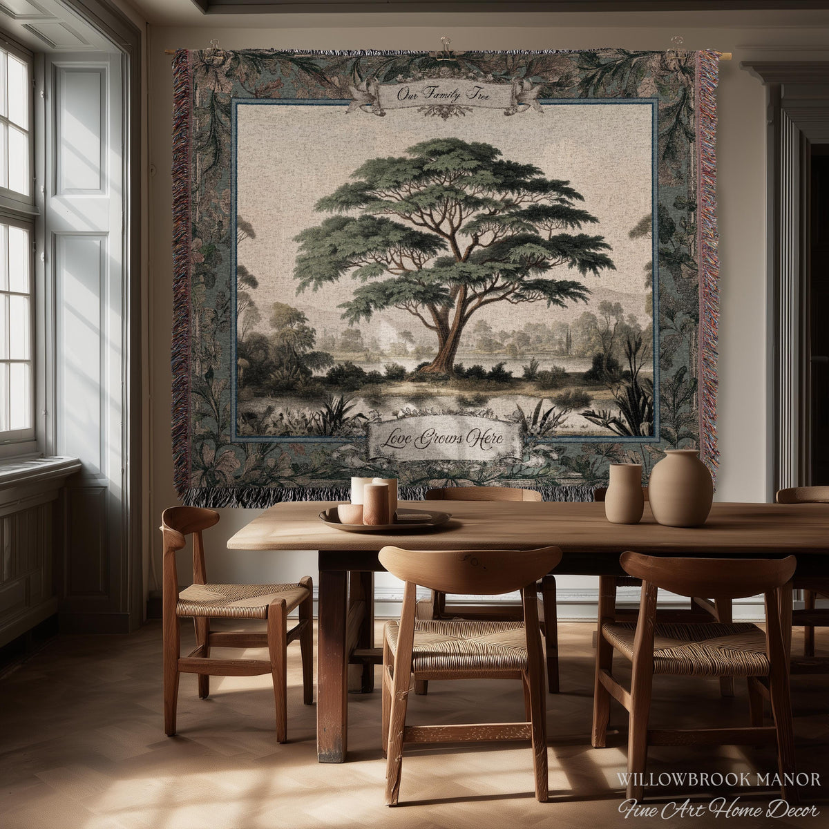Elegant Acacia Tree Family Tapestry Personalized Name Woven Wall Hanging | Custom Grandparent Gift Vintage Botanical Keepsake Throw Blanket