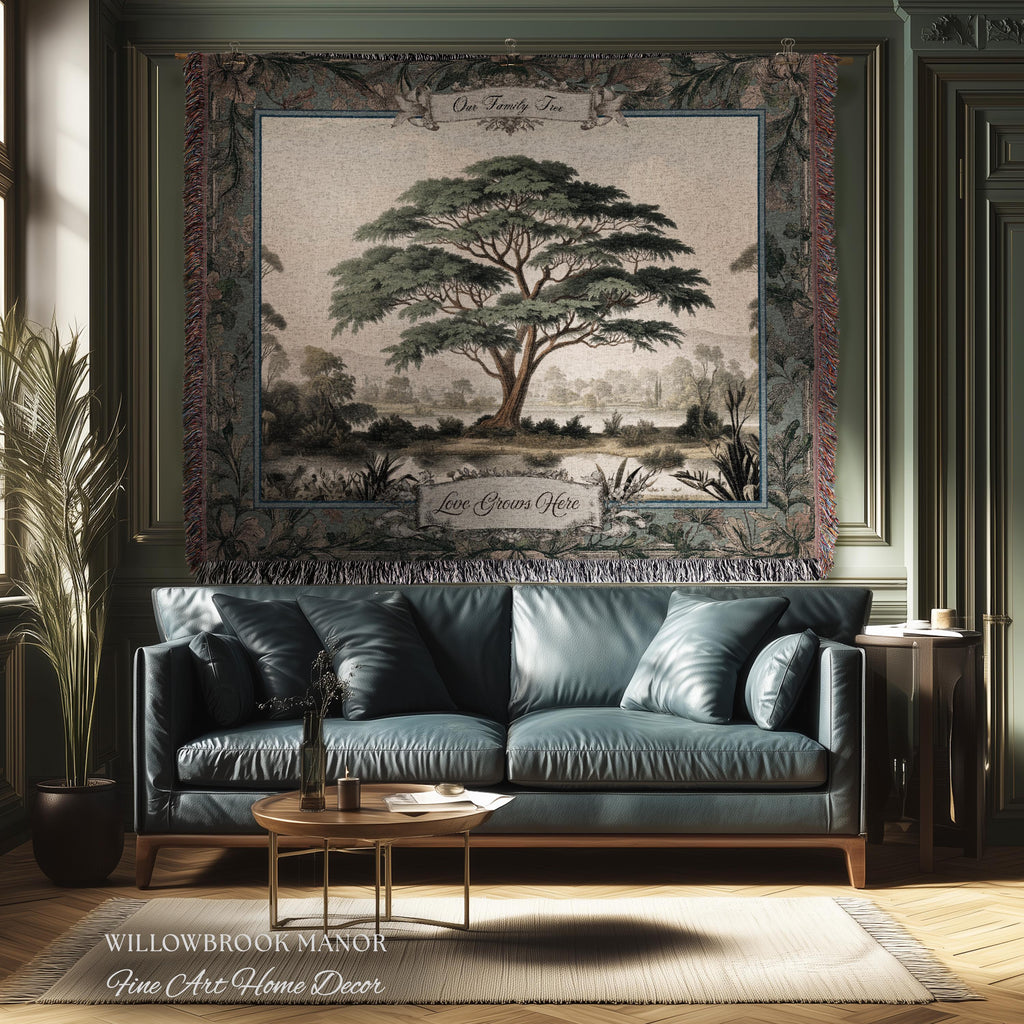 Elegant Acacia Tree Family Tapestry Personalized Name Woven Wall Hanging | Custom Grandparent Gift Vintage Botanical Keepsake Throw Blanket
