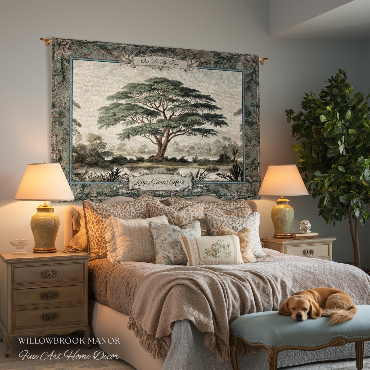 Elegant Acacia Tree Family Tapestry Personalized Name Woven Wall Hanging | Custom Grandparent Gift Vintage Botanical Keepsake Throw Blanket