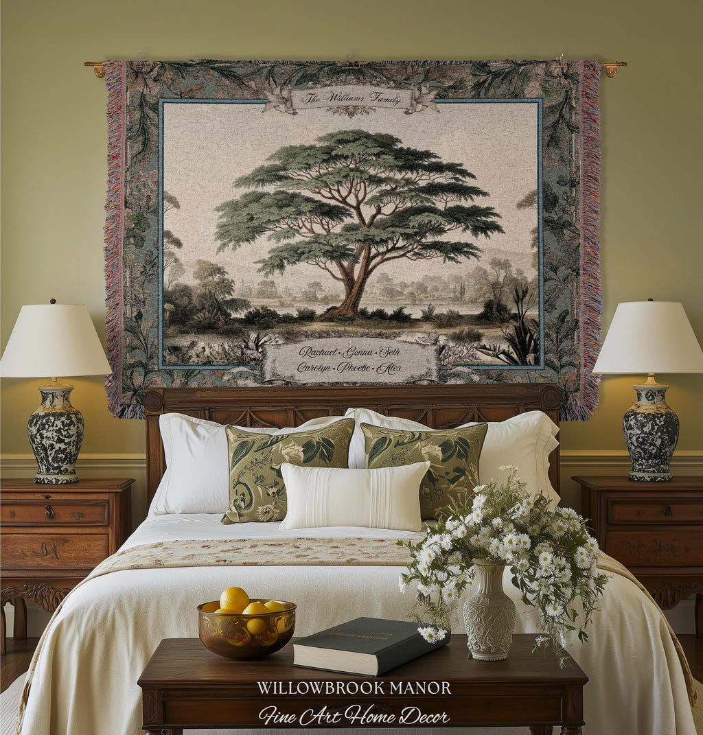 Elegant Acacia Tree Family Tapestry Personalized Name Woven Wall Hanging | Custom Grandparent Gift Vintage Botanical Keepsake Throw Blanket