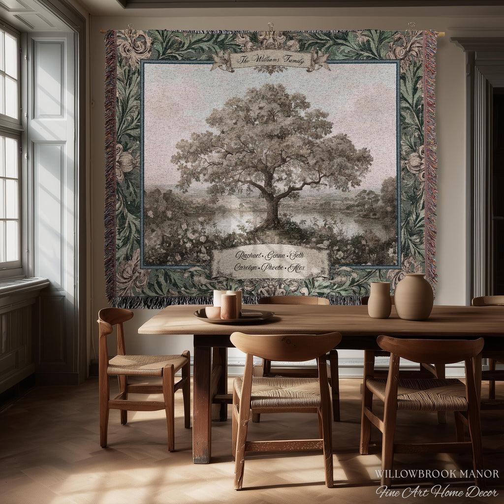 Personalized Oak Family Tree Tapestry | Jacquard Woven Throw Name Wall Hanging Custom Grandparent Gift Vintage Lake Landscape Keepsake Decor