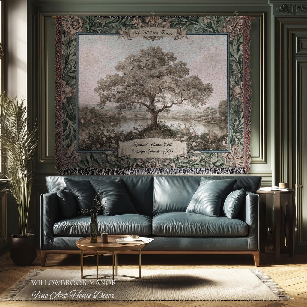 Personalized Oak Family Tree Tapestry | Jacquard Woven Throw Name Wall Hanging Custom Grandparent Gift Vintage Lake Landscape Keepsake Decor