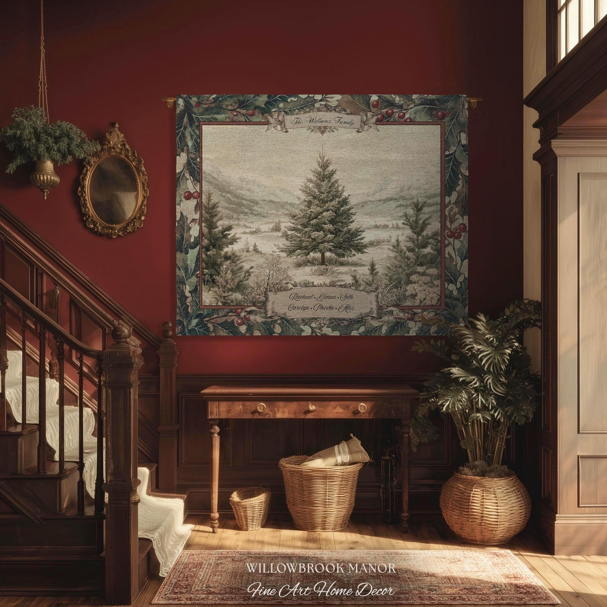 Christmas Traditions Custom Woven Wall Art | Personalized Heritage Tapestry Nostalgic Evergreen Landscape Family Heirloom Sentimental Decor