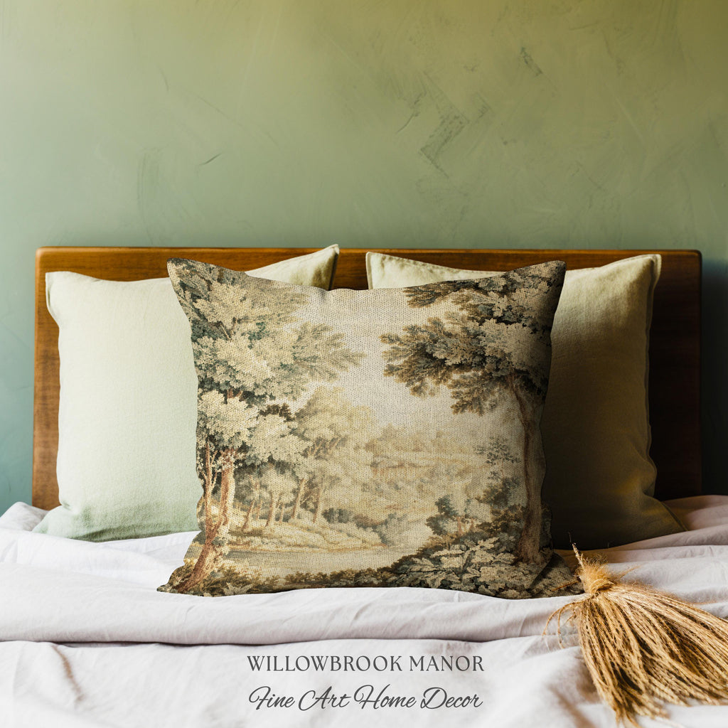 Soft Nature Tapestry Pillow Pastoral Woven Cushion Riverbank Scene 18th Century Decor | Muted Green Landscape Scenic Verdure Art Home Accent