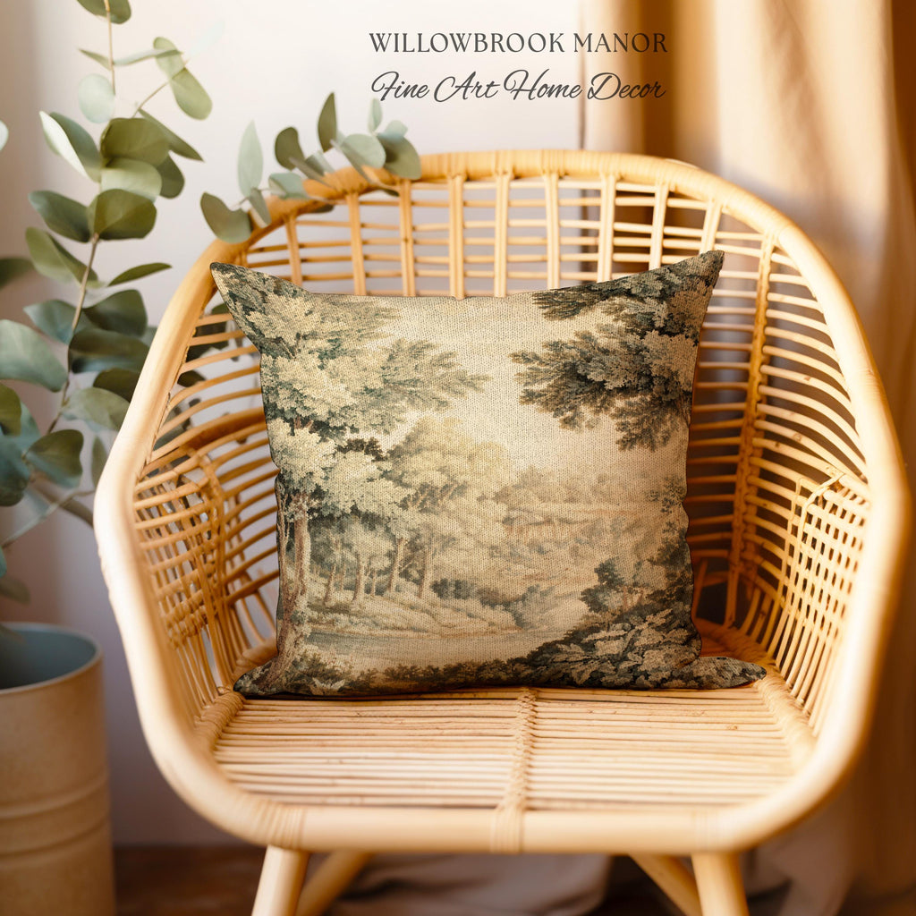 Soft Nature Tapestry Pillow Pastoral Woven Cushion Riverbank Scene 18th Century Decor | Muted Green Landscape Scenic Verdure Art Home Accent
