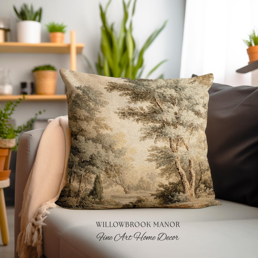 Old World Style Misty Woodland Decor Woven Tapestry Pillow | English Countryside Cushion Peaceful Nature Neutral Forest Art Elegant Accent