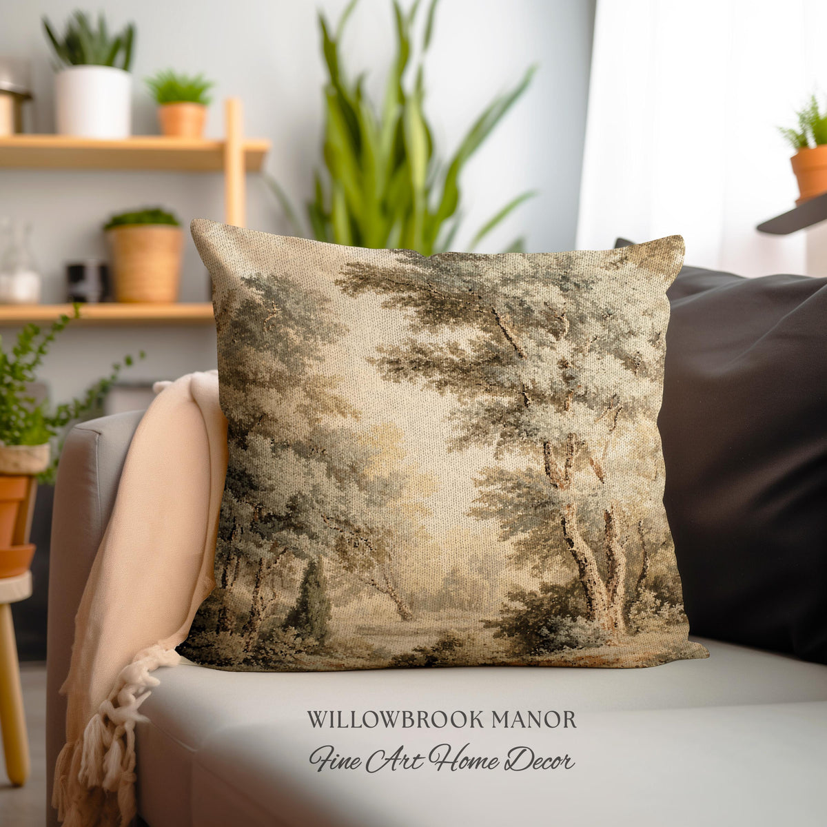 Old World Style Misty Woodland Decor Woven Tapestry Pillow | English Countryside Cushion Peaceful Nature Neutral Forest Art Elegant Accent
