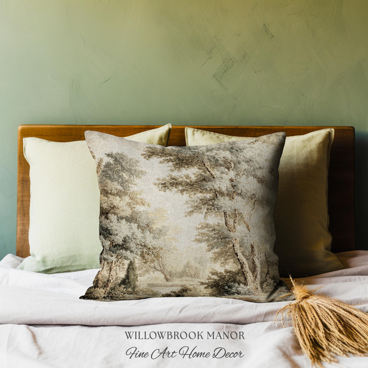 Old World Style Misty Woodland Decor Woven Tapestry Pillow | English Countryside Cushion Peaceful Nature Neutral Forest Art Elegant Accent