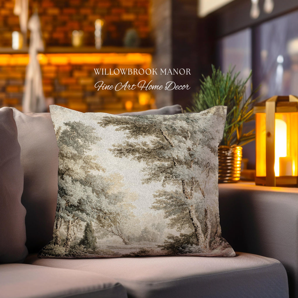 Old World Style Misty Woodland Decor Woven Tapestry Pillow | English Countryside Cushion Peaceful Nature Neutral Forest Art Elegant Accent