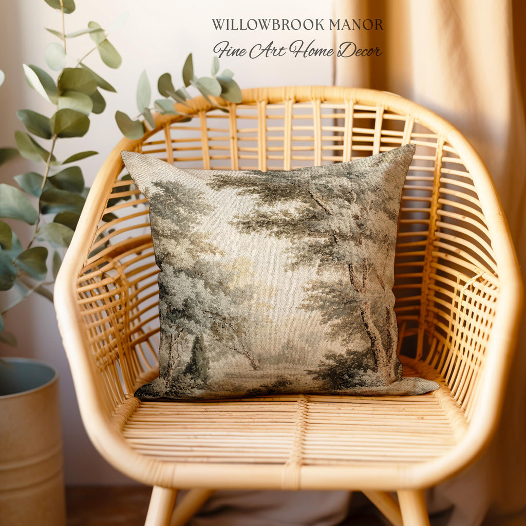Old World Style Misty Woodland Decor Woven Tapestry Pillow | English Countryside Cushion Peaceful Nature Neutral Forest Art Elegant Accent