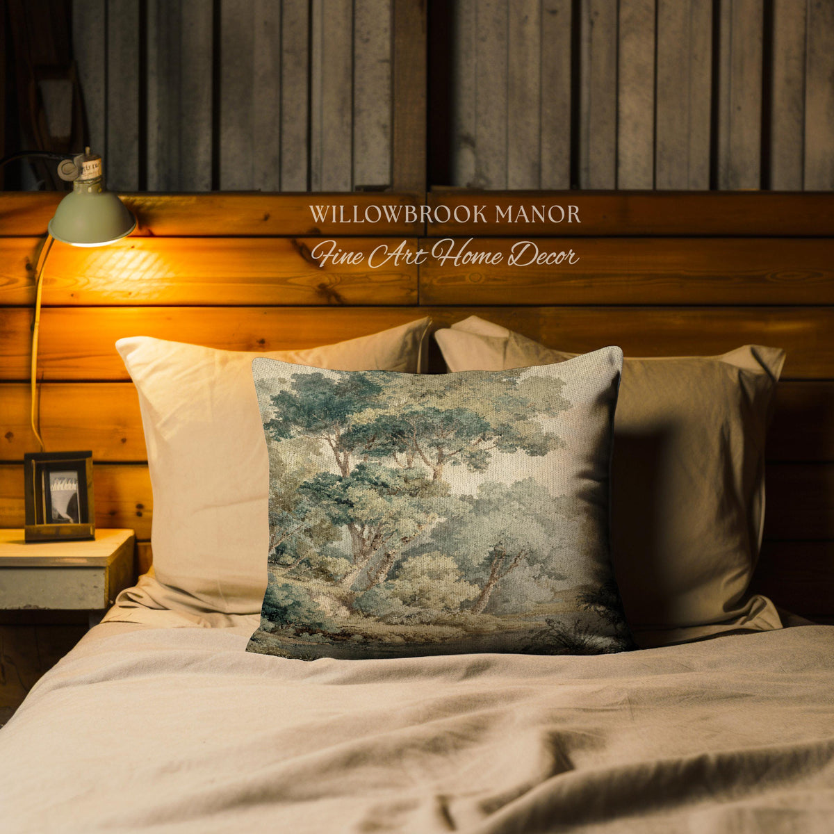 Serene Nature Scene Woven Tapestry Cushion European Textile Art Pillow | Misty Woodland Elegant Earth Tones Forest Heritage Cozy Home Decor